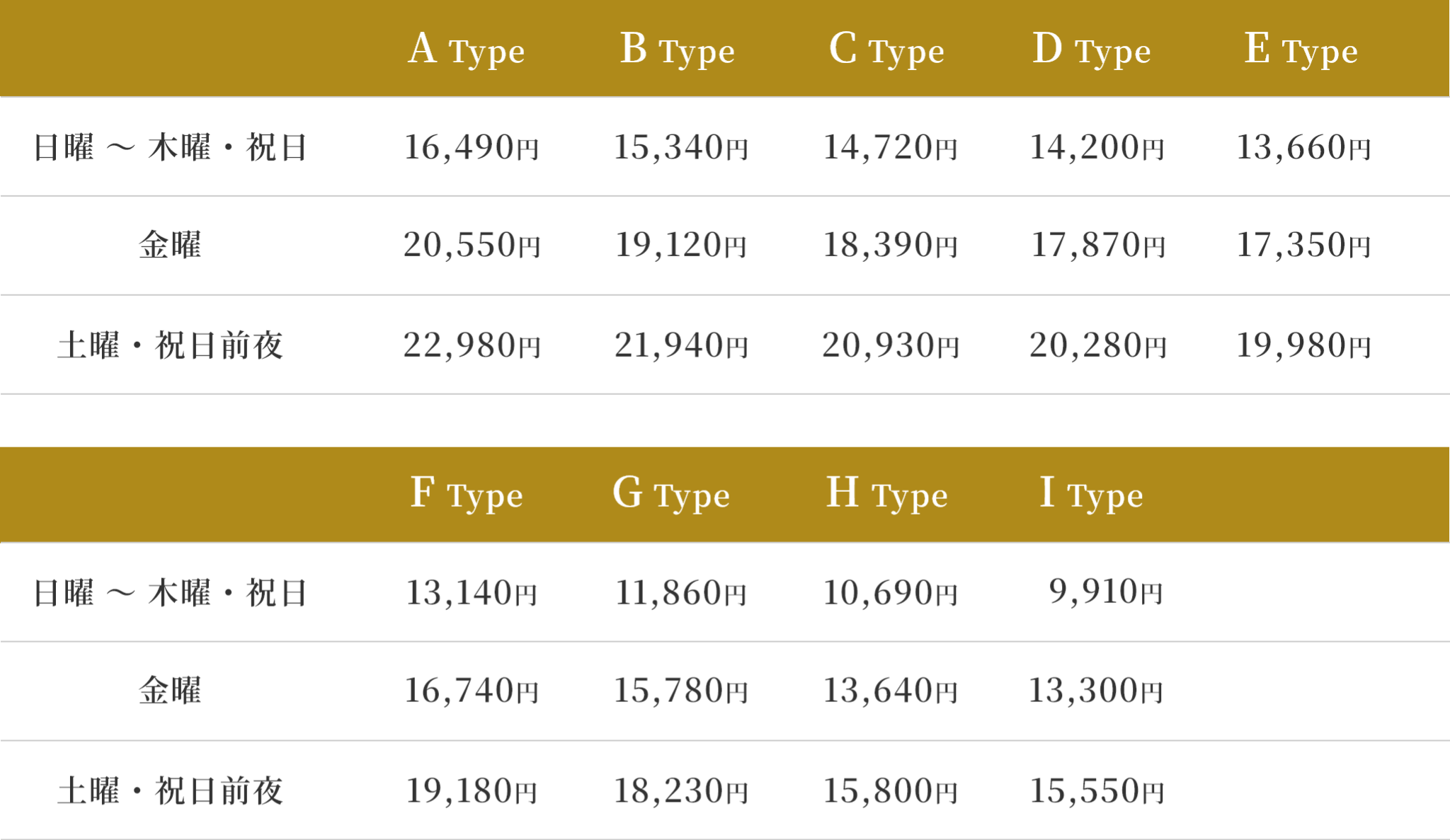 土日祝日休憩料金表