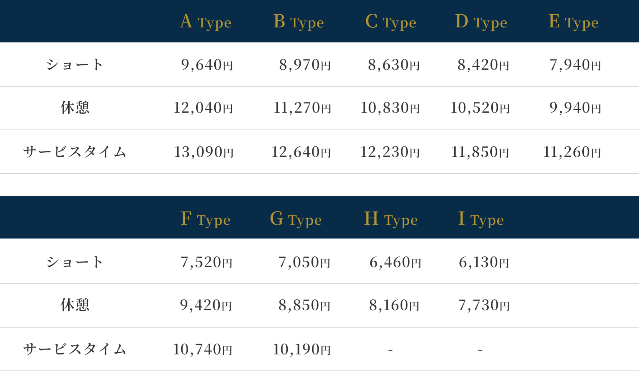 土日祝日休憩料金表